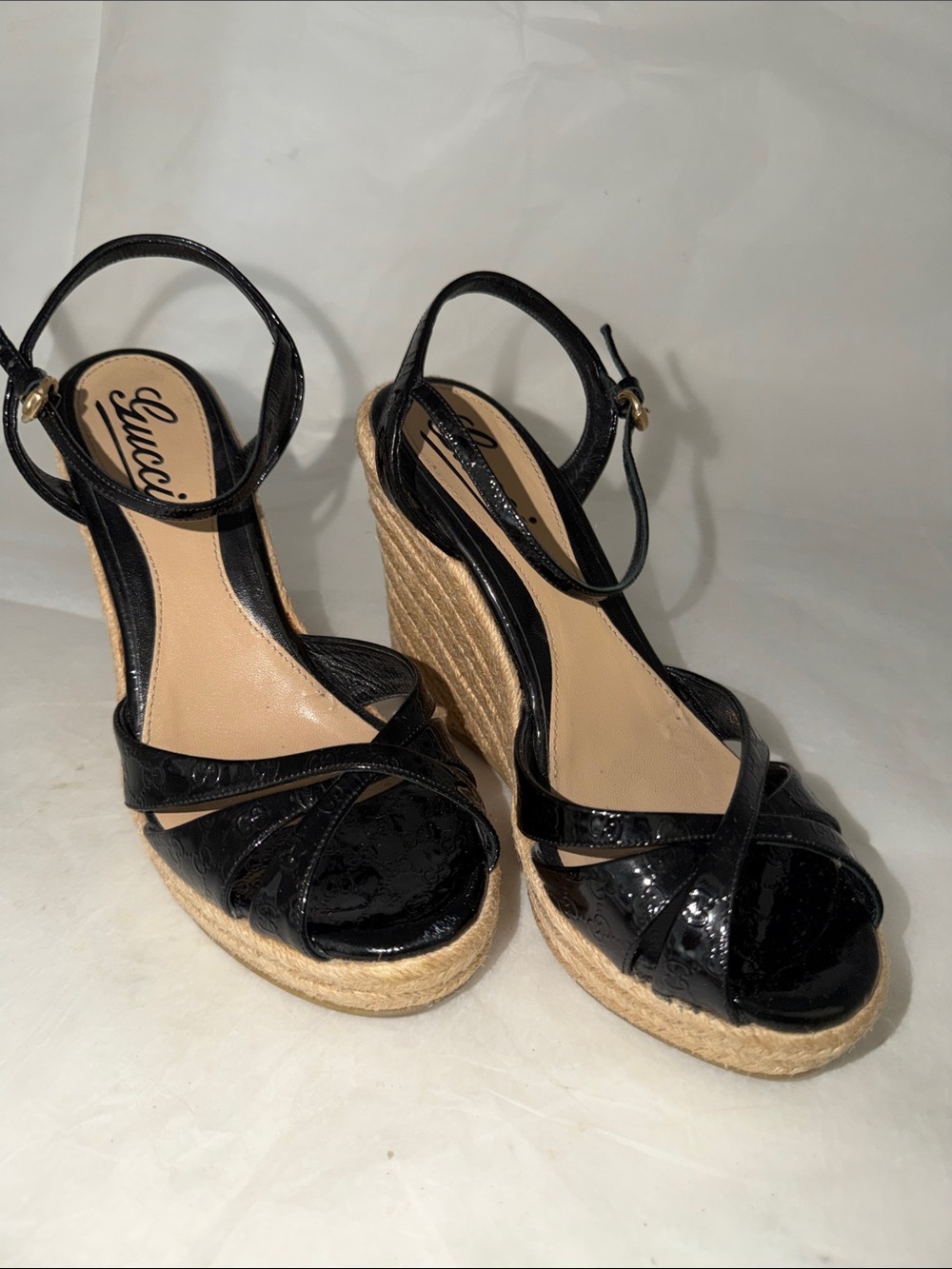 Gucci Black Patent Leather Wedge Espadrille Sandals with Jute Platform Size 36.5
